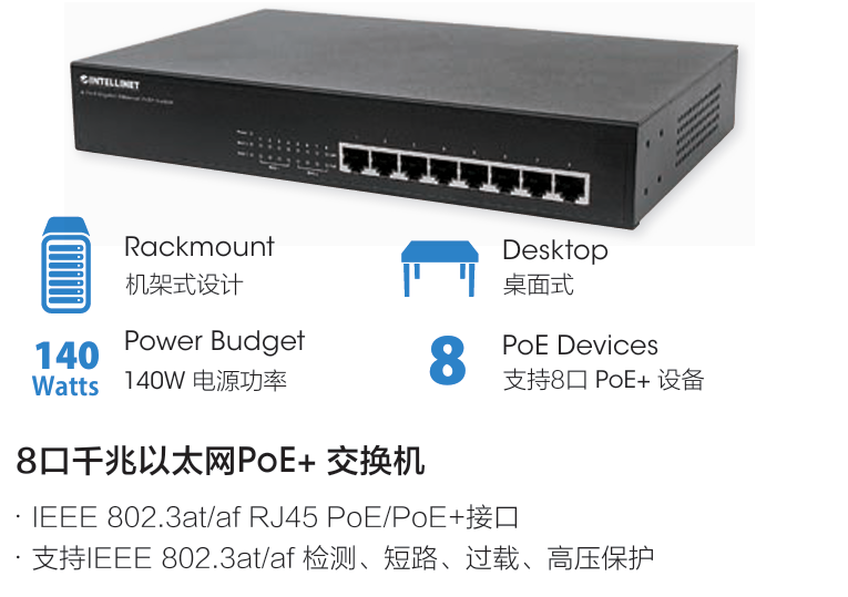 560641 以太联 8 端口千兆以太网PoE+交换机